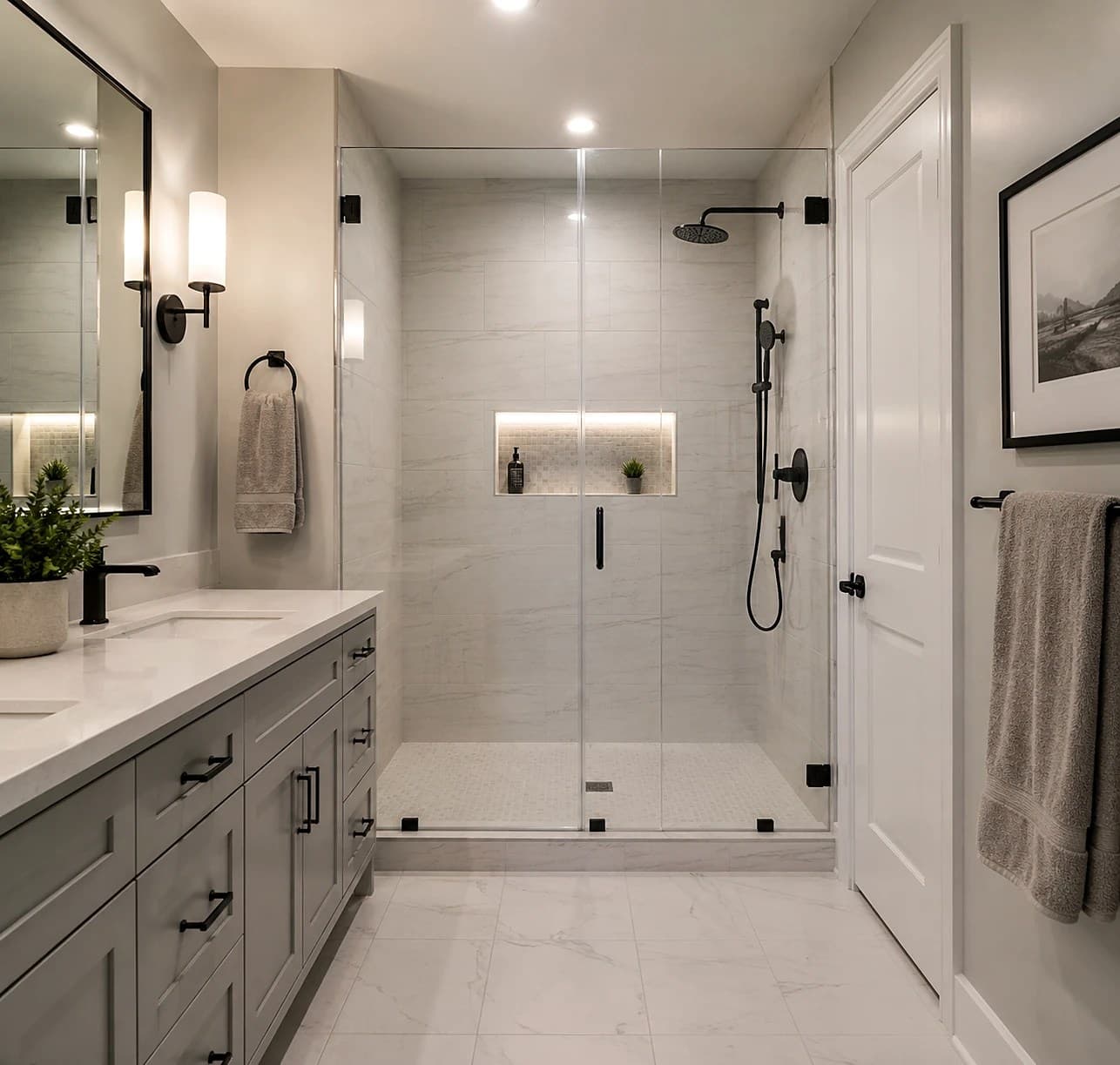 Remodeled bathroom by REVIBE REMODELING with a frameless glass walk-in shower, marble-look tile, a lit shower niche, matte-black fixtures, and a gray double vanity.