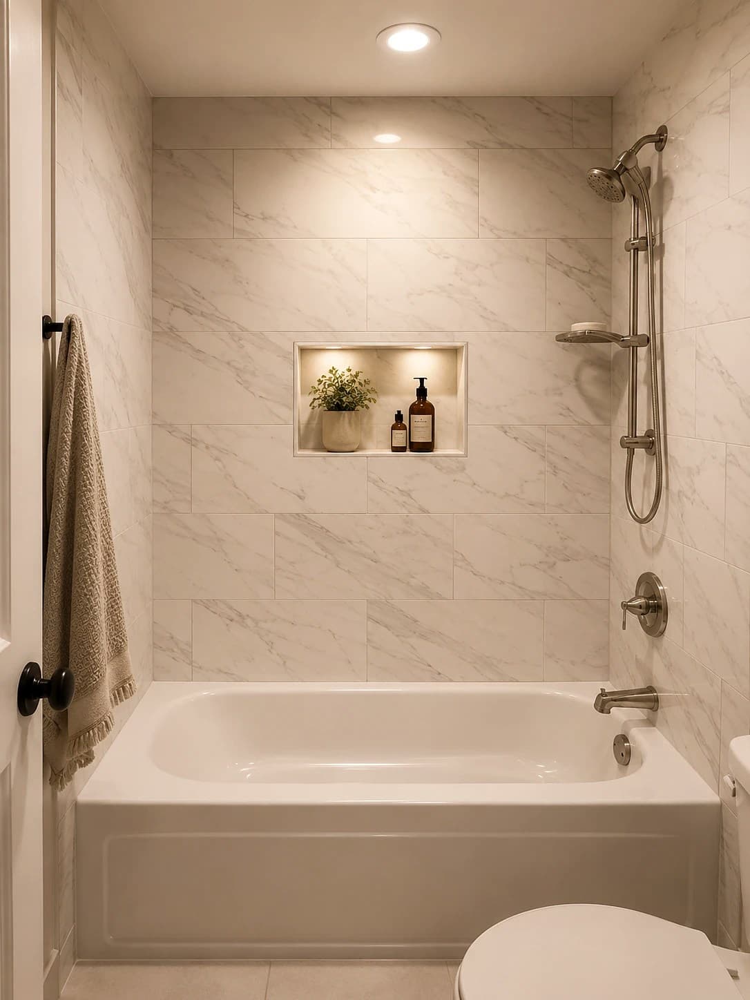Remodeled tub-and-shower by REVIBE REMODELING — marble-look tile surround with a lit recessed niche, brushed-nickel fixtures, and a soaking tub.