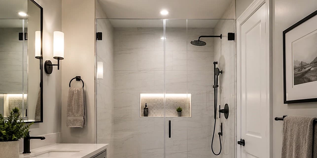 Remodeled bathroom with a frameless glass walk-in shower, marble-look tile, a lighted shower niche, matte-black fixtures, and a gray double vanity with a quartz countertop.