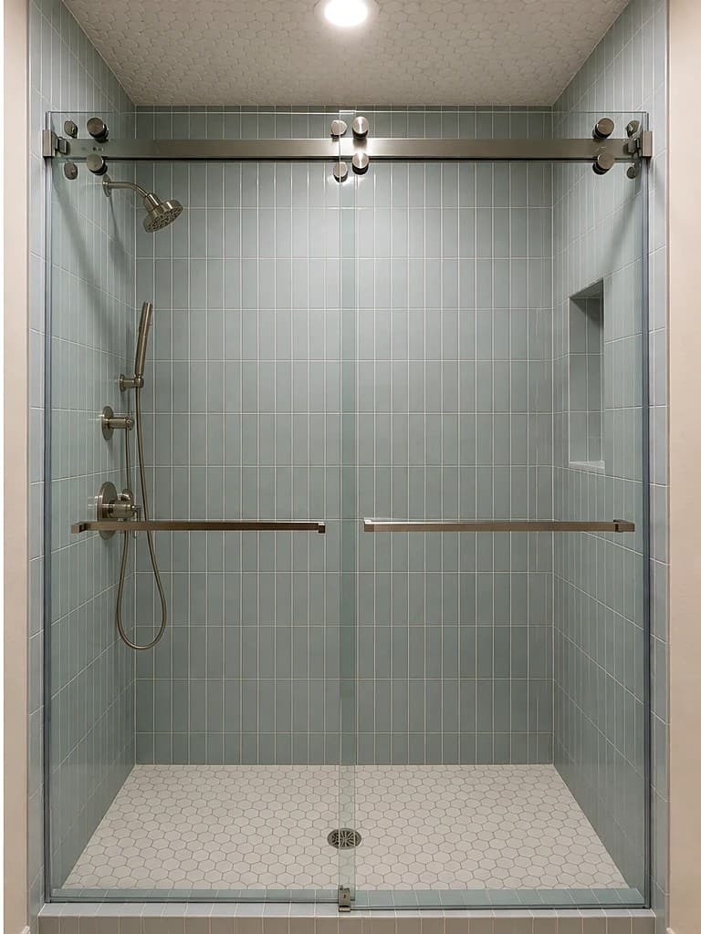 The same bathroom after remodeling — a walk-in shower with a frameless sliding glass door, light-blue subway tile, a recessed niche, and a hexagon-tile floor.