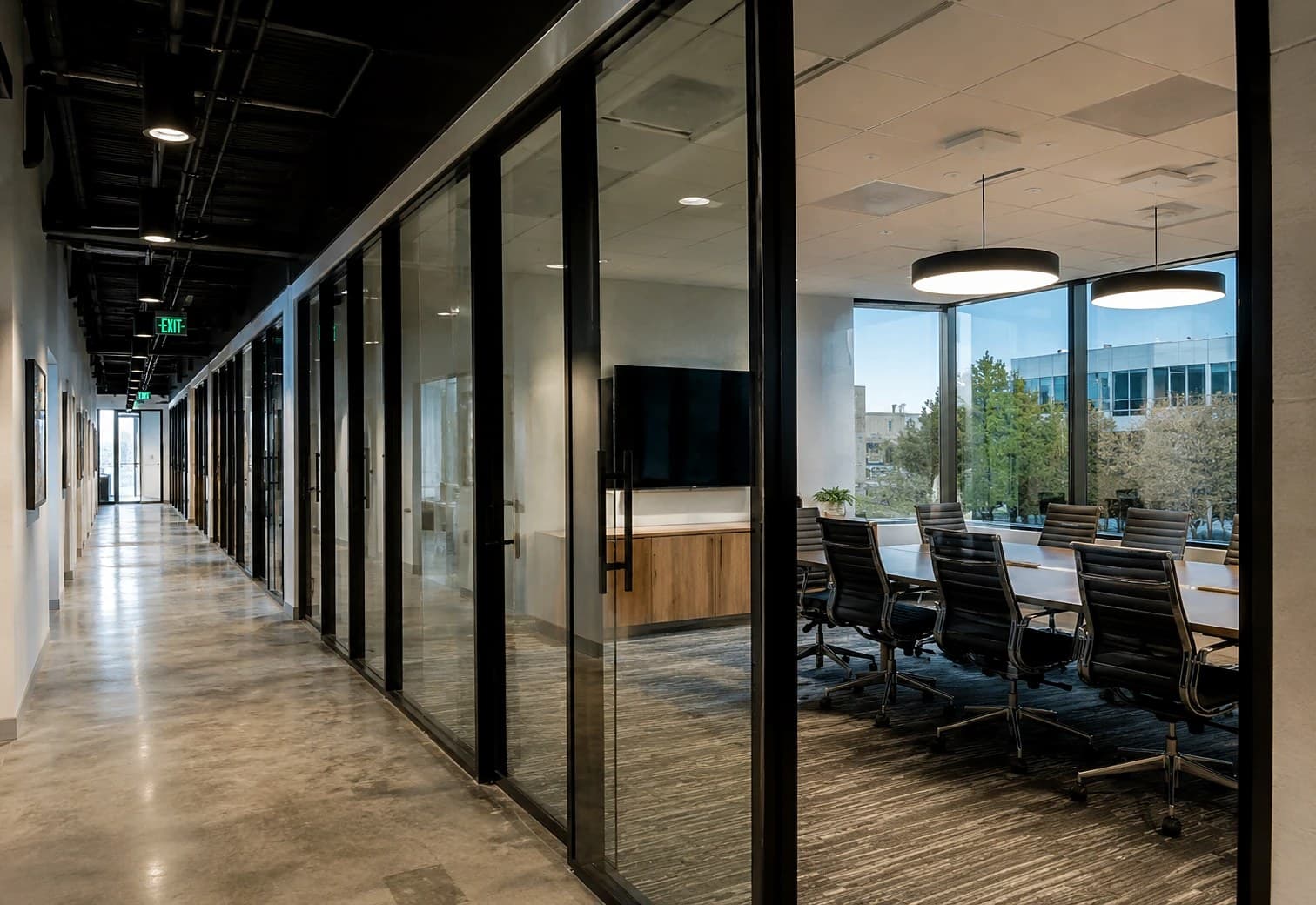 Finished commercial office interior — a polished-concrete corridor lined with black-framed glass office fronts, leading past a glass-walled conference room with a boardroom table, task chairs, pendant lighting, and floor-to-ceiling windows.