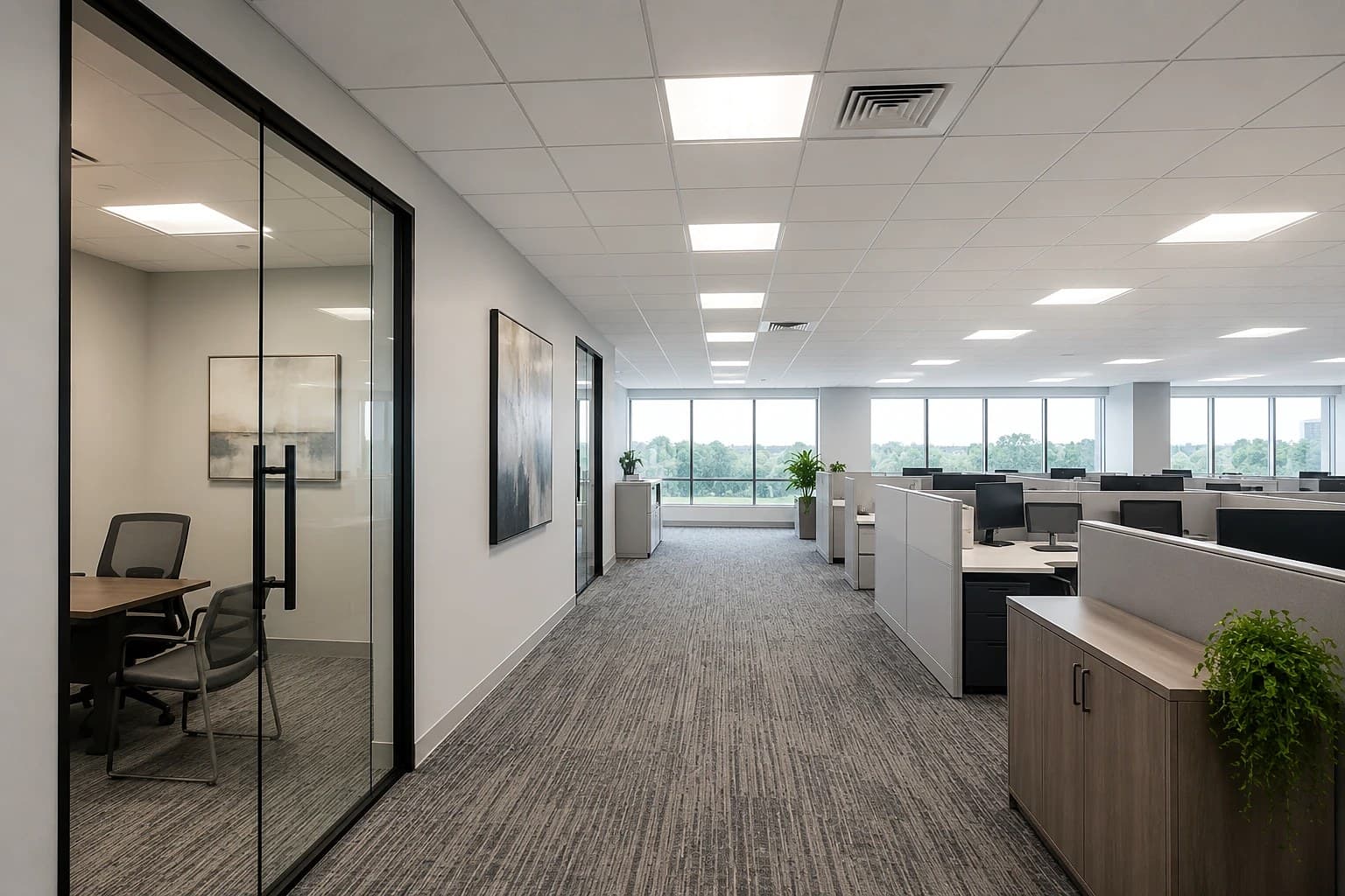 Finished commercial office interior — a glass-fronted private office off a carpeted corridor opening to an open cubicle area, with framed drywall walls, a suspended acoustic ceiling, and floor-to-ceiling windows.
