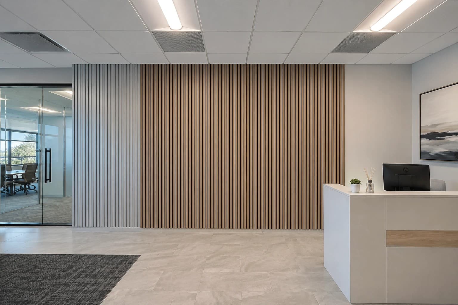Finished commercial reception area by REVIBE REMODELING — a level suspended acoustic ceiling grid overhead, a wood-and-metal slat feature wall, a white reception desk, and a glass-walled conference room to the side.