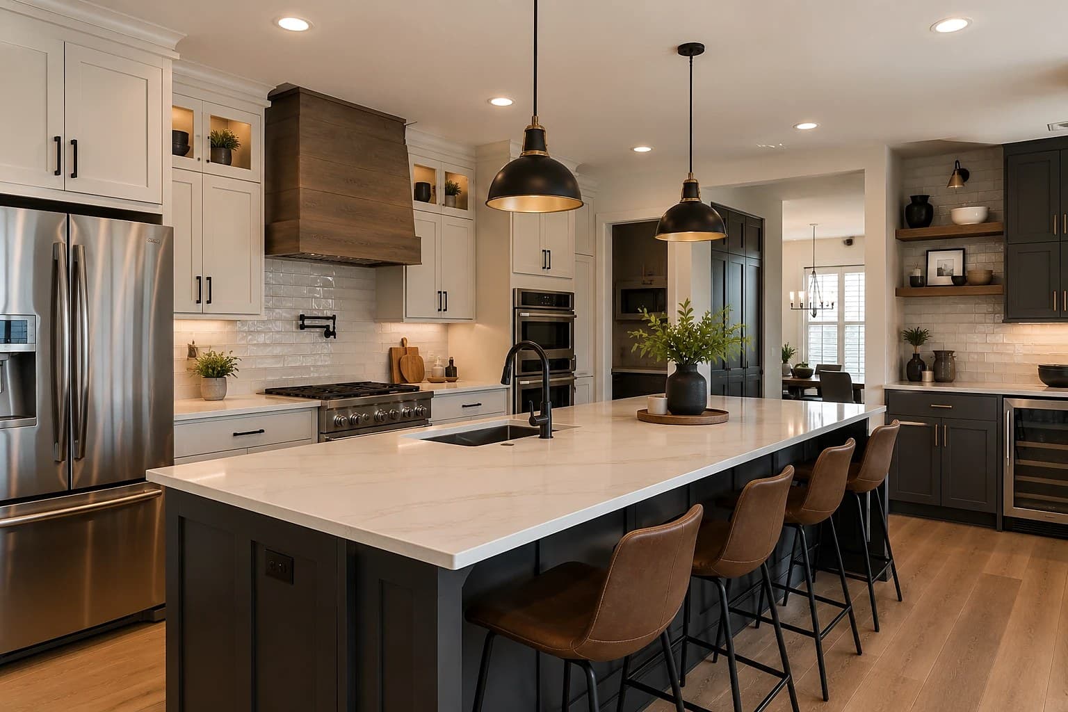 Remodeled open-concept kitchen with two-tone cabinetry, a wood vent hood, a large quartz island with leather barstools, black pendant lights, stainless appliances, and a tile backsplash.