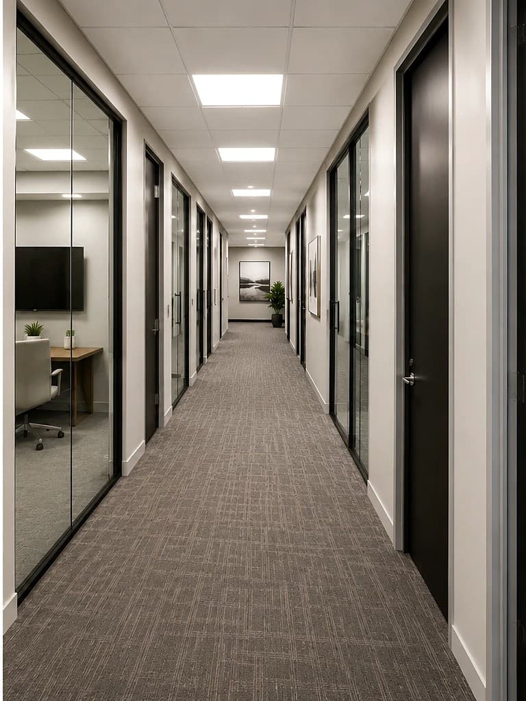 The same office corridor finished — a level suspended ceiling with recessed lighting, glass-fronted offices, dark doors, and new carpet.