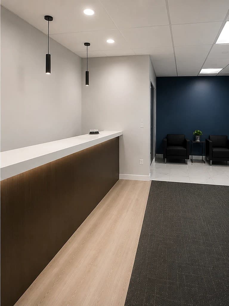 The same reception finished — a wood-front reception desk under pendant and recessed lighting, a navy accent wall, and a seating area beyond.