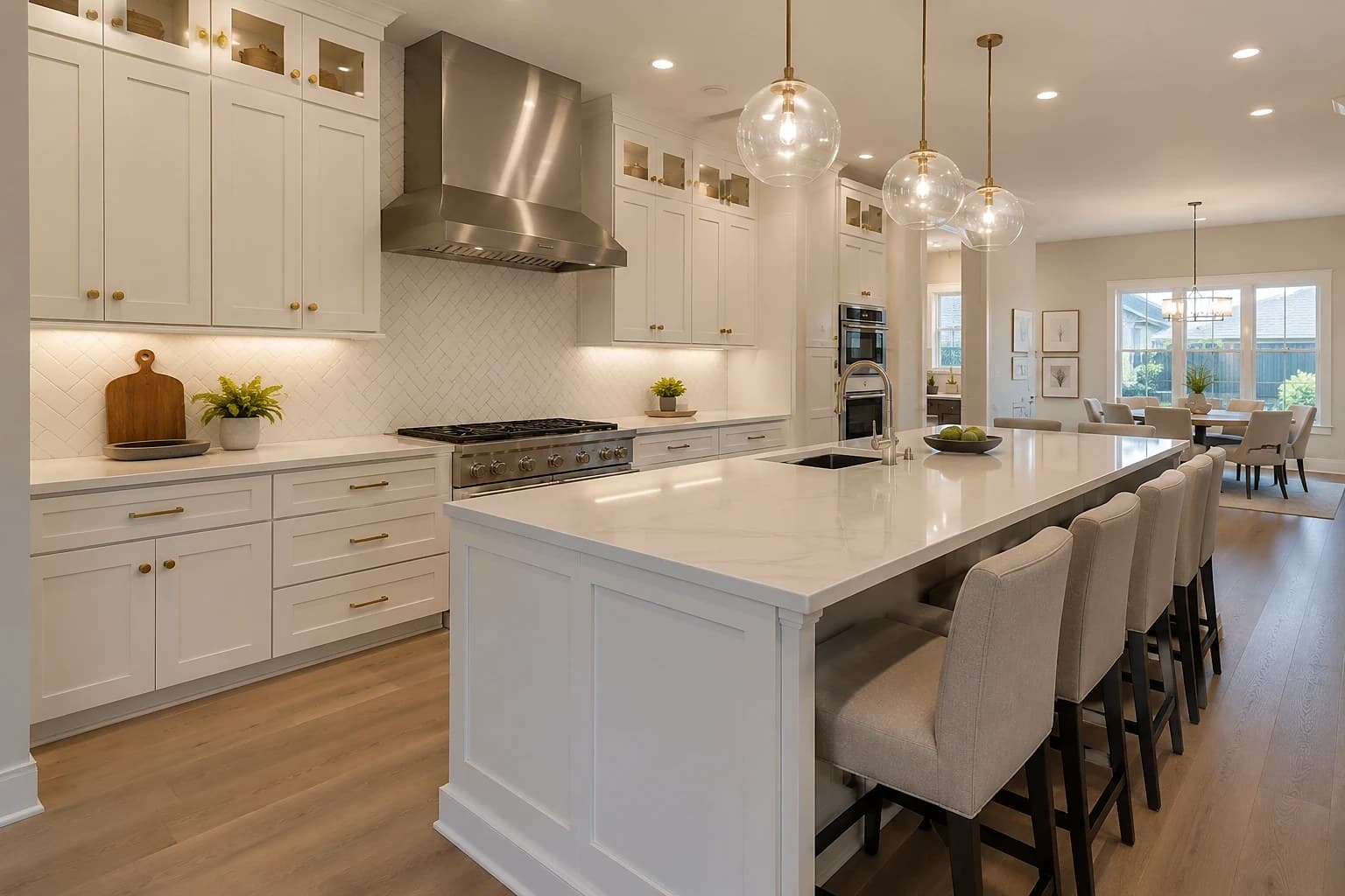 Remodeled open-concept kitchen with white shaker cabinets, a large quartz-topped island with seating, stainless range and vent hood, glass pendant lights, and a dining area beyond.