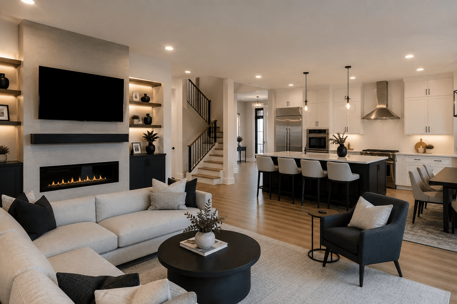 Whole-home remodeling project in Arlington, Texas featuring an open-concept living room, modern kitchen, fireplace, staircase, and updated interior finishes.